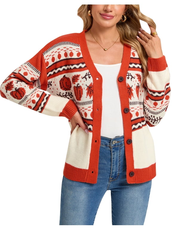 Halloween Cardigan Sweaters for Women Long Sleeve V Neck Fair Isle Sweater Funny Holiday Pumpkin Maple Leaf Print Knitted Sweater Alsol Lamesa
