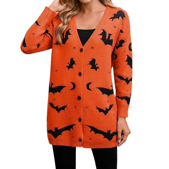 Halloween Cardigan Sweaters for Women Plus Size Fall Winter Loose Casual Long Sleeve Button Down Outerwear Coat #02 Orange Size S