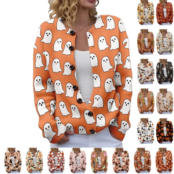 Halloween Cardigan for Women Cute spooky Ghost Plus Size Womens Sweaters Cardigan Knit Button Up Cropped Long Sleeve Fall Fashion Soft Cardigan Outwear Saffron XL
