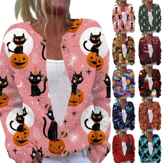 Halloween Cardigan for Women Funny Black Cat Womens Sweaters Cardigan Knit Button Up Cropped Long Sleeve Fall Holiday Soft Cardigan Outwear Hot Pink 5XL