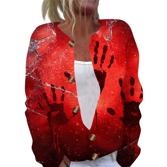 Halloween Cardigan for Women Funny Halloween Party Graphic Womens Cardigan Sweaters Open Knit Utton Down Cropped Long Sleeve Fall Winter Trendy Plus Size Cardigan Sweaters Red 5XL