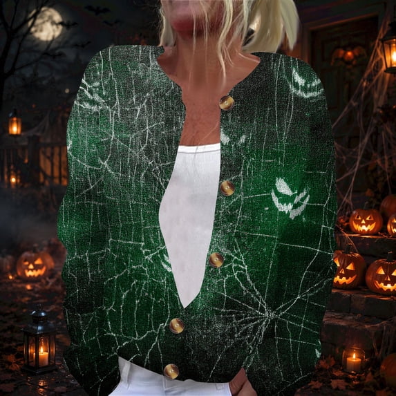 Halloween Cardigan for Women Funny Halloween Pumpkin Womens Cardigan Sweaters Button Knit Cropped Long Sleeve Fall Winter Holiday Soft Sweatshirt Tops Green 2XL