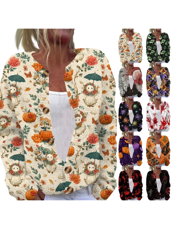 Halloween Cardigan for Women Novelty Halloween Party Graphic Womens Cardigan Sweaters Open Knit Utton Down Cropped Long Sleeve Fall Winter Trendy Soft Sweatshirt Tops Orange S
