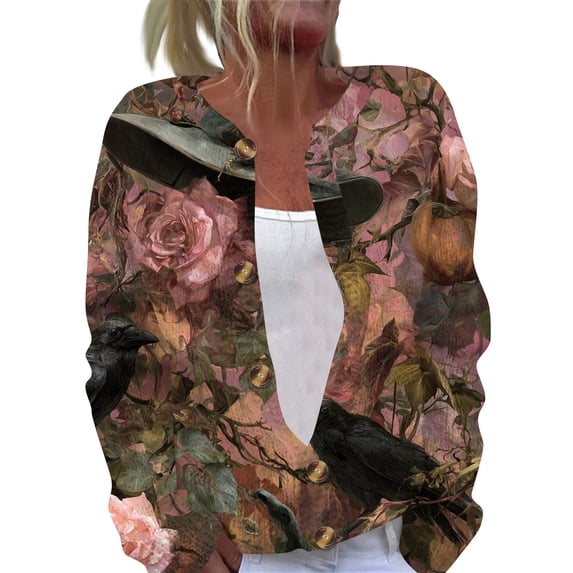 Halloween Cardigan for Women Novelty Halloween Party Graphic Womens Sweaters Cardigan Open Knit Utton Down Cropped Long Sleeve Fall Fashion Comfy Tunic Sweater Hot Pink M