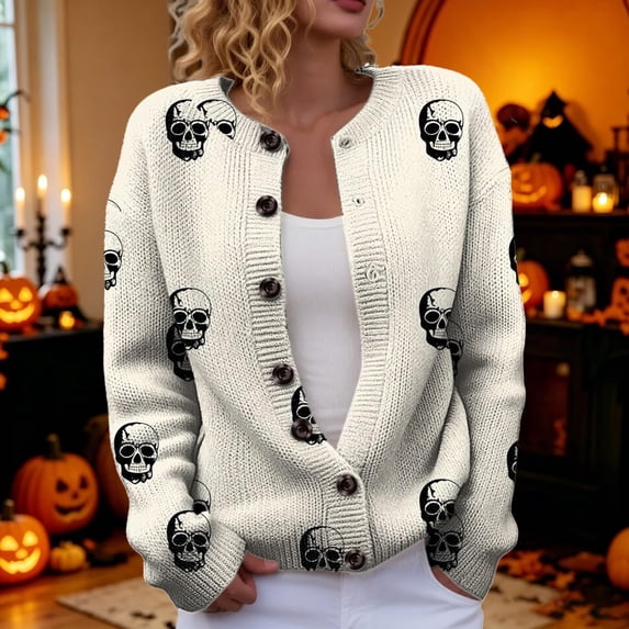 Halloween Cardigan for Women Button Down Cute Print Knit Outerwear Sweater