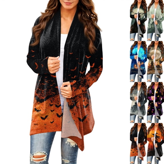 Halloween Cardigan for Women Pumpkin Long Sleeve Cardigan Fall Open Front Cardigan Halloween Print Medium Length Coat,Ginger,2XL