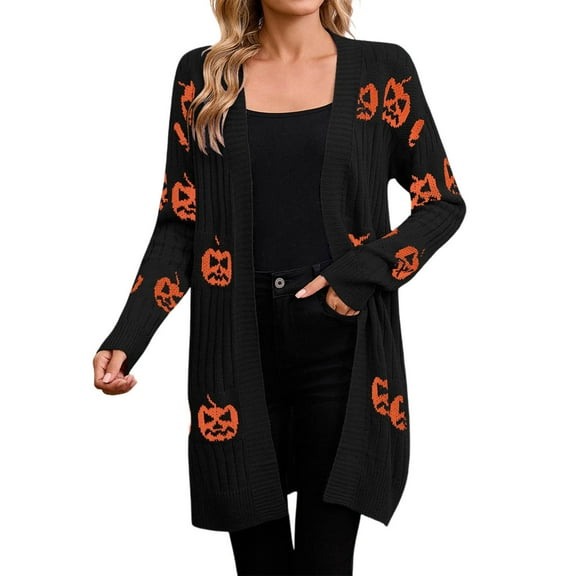 Halloween Cardigans Sweaters for Women Open Front Cute Pumpkin Prints Long Sleeve Fall Winter Clothing #01 Black Size S