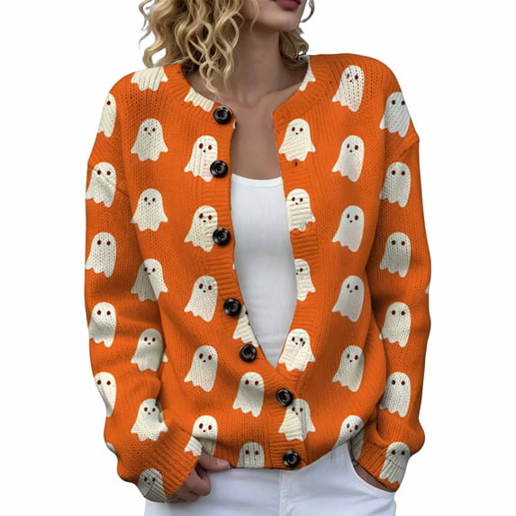 Halloween Cardigans for Women Cute Pumpkin Ghost Witch Print Knit Cardigans | Cute Halloween Knitted Cardigans ,Lightweight Breathable Cardigan,Ideal for Funny Par