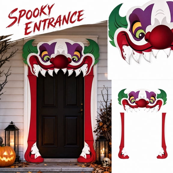 Halloween Carnival Clown Door Banner, Scary Creepy Circus Backdrop 73.23'' x 35.43'', Halloween Photo Booth Props, Durable and Washable, Entrance Scary Bloody Background for Garage Office Wall