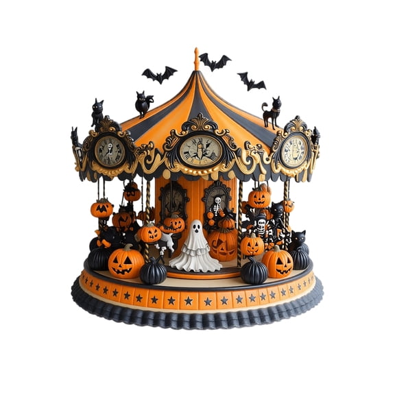 Halloween Carousel Ornament, 20cm 2D Acrylic Figurine With Conical Striped Roof, Skeleton Clock Faces, Hanging Jack-O'-Lanterns, Black Cats, Bats And Ghost For Home Desk Shelf Tabletop Display