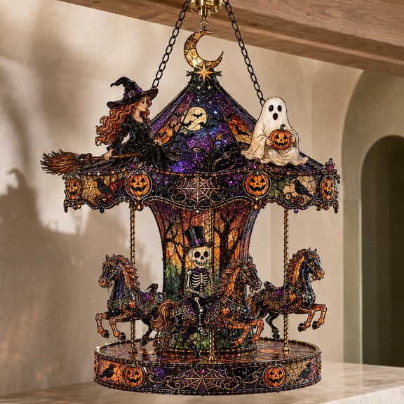 Halloween Carousel Suncatcher, Witch Skeleton Ghost and Pumpkin Acrylic Window Hanging Ornament for Fall Decor