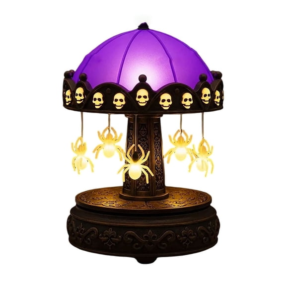 Halloween Carousel Table Lamp with Pumpkin Lanterns, Skull Accents, Purple Dome, Spooky Rotating Decoration for Party Home