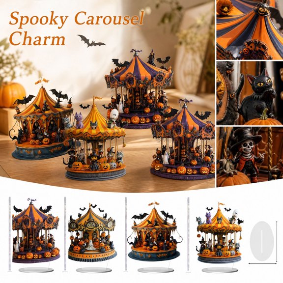 Halloween Carousel Tabletop Standee 2D Acrylic Flat Display Ornament With Pumpkins Bats Ghosts For Holiday Desk Mantel Decor