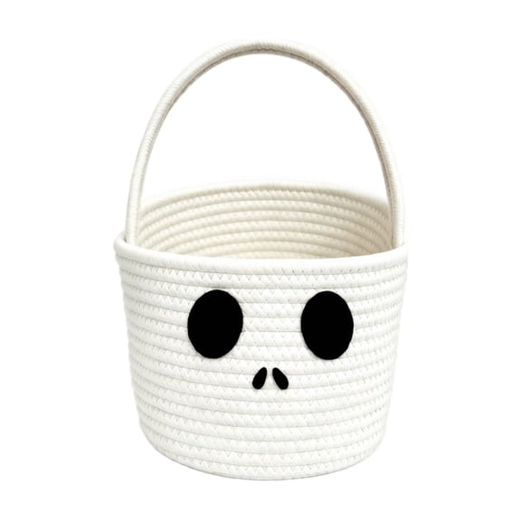 Halloween Carry Tote Basket, Trick Or Treat Basket, Halloween Candy Bucket, Woven Storage Basket, 9X7X6 Inch White Cotton Rope Skeleton Face Design, Multi Use Portable Storage