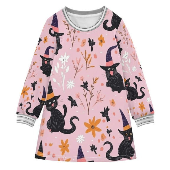 Halloween Cartoon Cat Pattern Girls'long-sleeved dress Thickened A-dress Warm Dress Basic Shirt Party Dresses