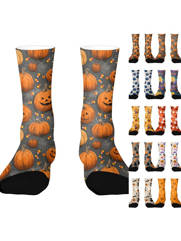Halloween Cartoon Ghost Bat Pumpkin Crew Socks, Bright Holiday Element Printed Mid Calf Socks, Fun Novelty Socks for Men Women Halloween Costume Accessory Orange