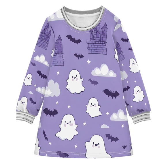Halloween Cartoon Ghost Girls'long-sleeved dress Thickened A-dress Warm Dress Basic Shirt Party Dresses