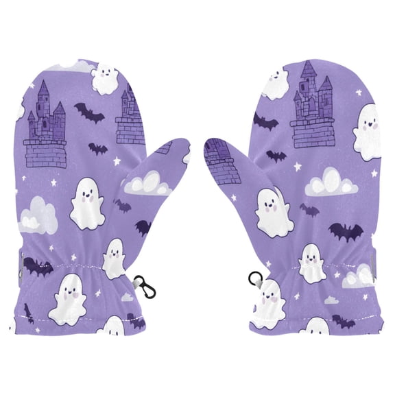 Halloween Cartoon Ghost Witch Cauldron Pattern Cold Weather Mittens Cozy Gloves with Adjustable Fit Perfect for Outdoor Fun