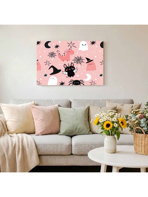 Halloween Cartoon Ghosts Witch's Hat on Pink Framed Canvas Wall Art Print in USA,Canvas Pictures Painting Prints Moon Stars Wall Artwork for Home Office Living Room Bedroom Decor,10"x8"