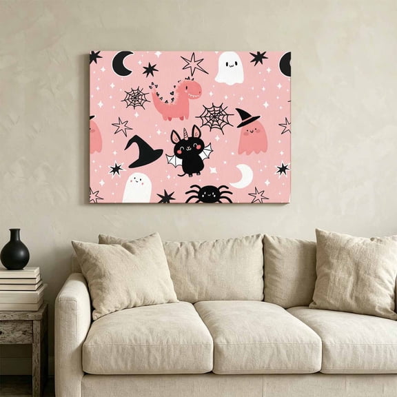 Halloween Cartoon Ghosts Witch's Hat on Pink Framed Canvas Wall Art Print in USA,Canvas Pictures Painting Prints Moon Stars Wall Artwork for Home Office Living Room Bedroom Decor,36"x24"