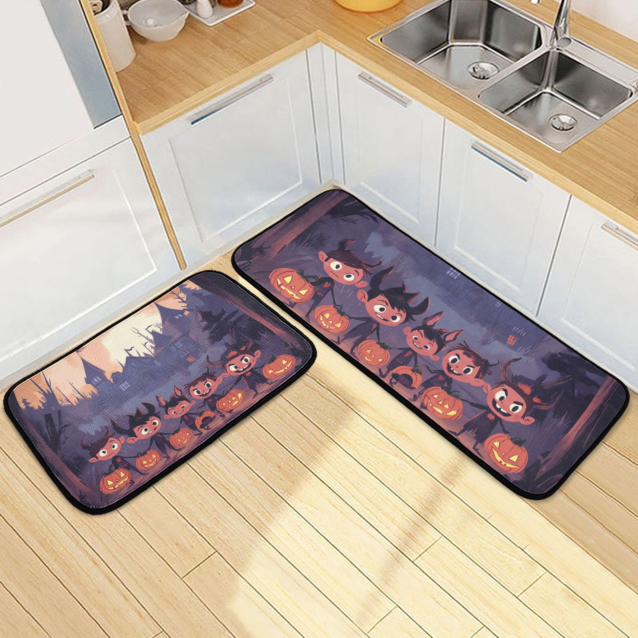 Halloween Cartoon Kids and Pumpkin Lights Kitchen Mat Set of 2 ...