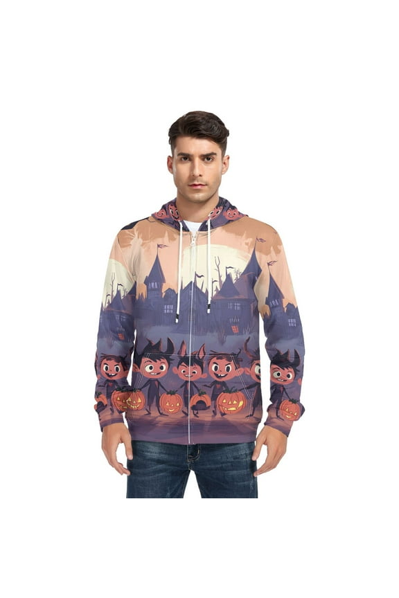 Halloween Cartoon Kids and Pumpkin Lights Men’s Hoodies Sweatshirt with Full Zip Pockets Fleece Jackets