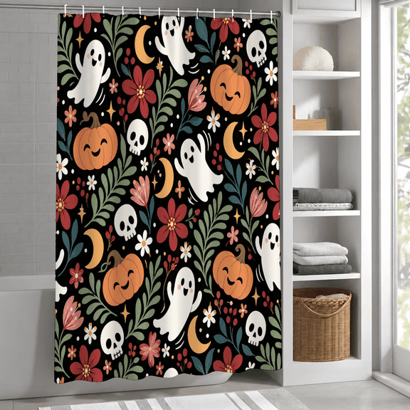Halloween Cartoon Print Shower Curtain, Waterproof Fabric, Black with Multicolor Holiday Patterns, 72in x 72in