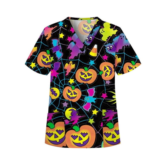 Halloween Cartoon Print Tshirts for Women Short Sleeve V Neck Scrub Tops Nursing Scrubs Tops Shirt