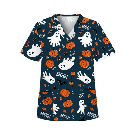 Halloween Cartoon Print Tshirts for Women Short Sleeve V Neck Scrub Tops Nursing Scrubs Tops Shirt