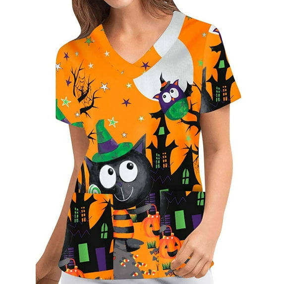 Halloween Cartoon Print Tshirts for Women Short Sleeve V Neck Scrub Tops Nursing Scrubs Tops Shirt