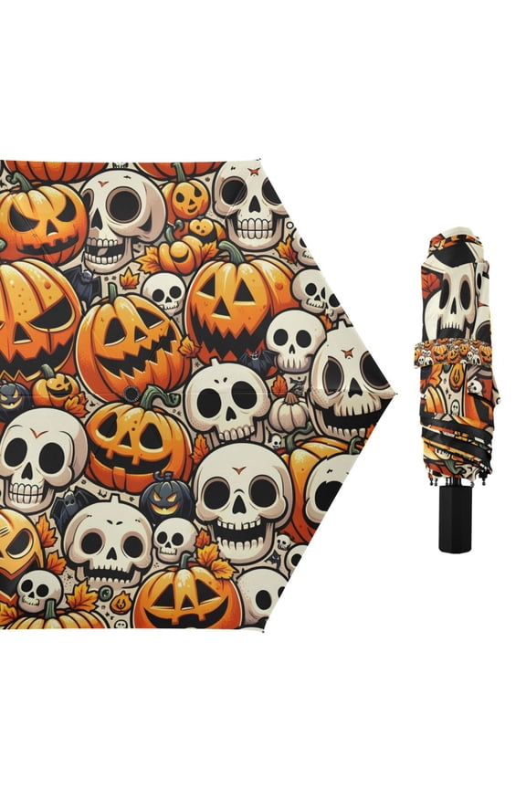 Halloween Cartoon Pumpkins Skulls Compact Sun Umbrella Windproof Travel Umbrellas for Rain Strong Portable UV Protection