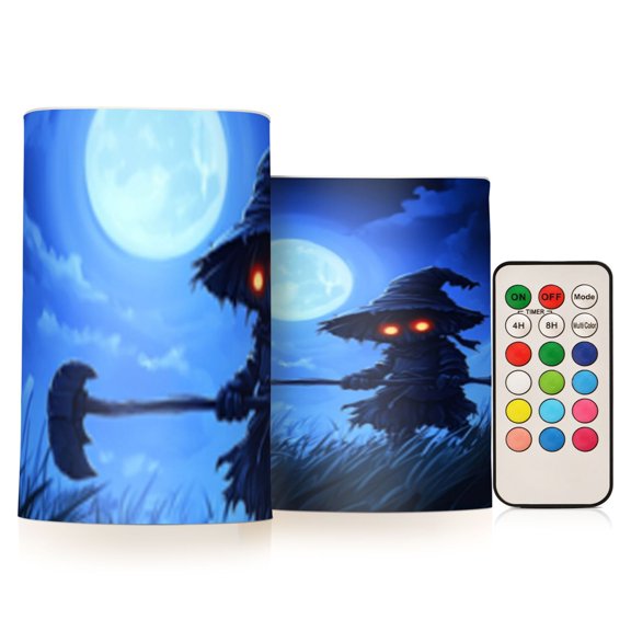 Halloween Cartoon Scarecrow Flickering Flameless Candles Battery Operated with Remote Timer LED Pillar Candles Set of 2