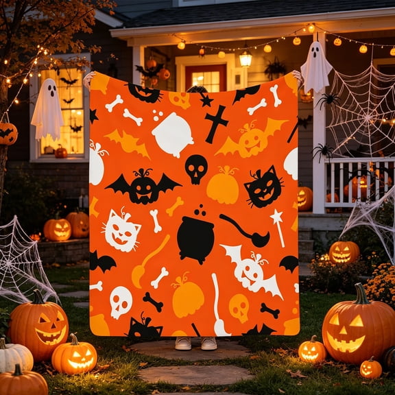 Halloween Cartoon Skull Bat Pumpkin Print Flannel Throw Blanket Compressed Pack Soft Sofa Nap Bed Cover