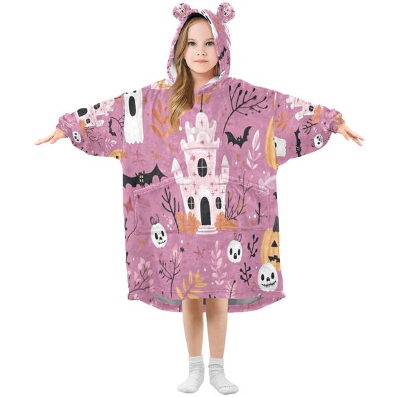 Halloween Cartoon Style House Pattern Wearable Blankets Hoodie Oversize Sherpa Wearable Soft Blanket Warm Cozy 3-14 Age