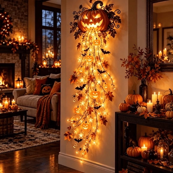 Halloween Cascade Wall Light, Gothic Hanging LED Wall Decor with Ghost Veil Design for Entryway Living Room Mantel Stair Wall Halloween Decoration(Pumpkin)
