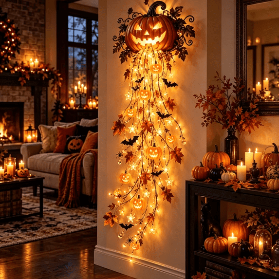 Halloween Cascade Wall Light, Gothic Hanging LED Wall Decor with Ghost Veil Design for Entryway Living Room Mantel Stair Wall Halloween Decoration(Pumpkin)