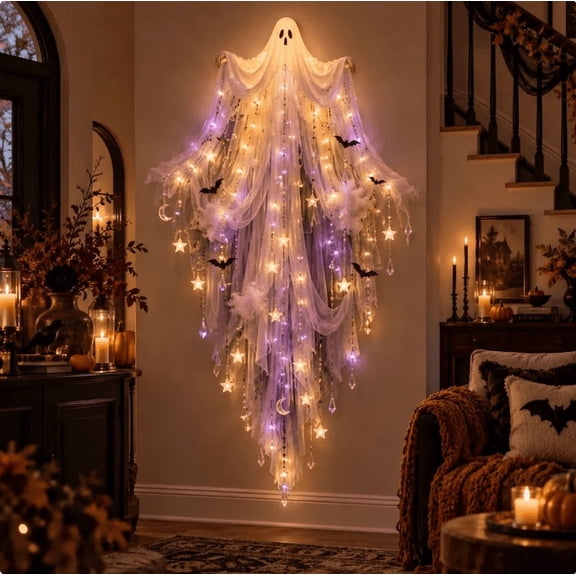 Halloween Cascade Wall Light, Gothic Hanging LED Wall Decor with Ghost Veil Design for Entryway Living Room Mantel Stair Wall Halloween Decoration, Style: Ghost Veil