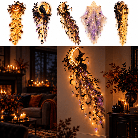 Halloween Cascade Wall Light, Gothic Hanging LED Wall Decor with Magical Moon Design for Entryway Living Room Mantel Stair Wall Halloween Decoration, Style: Witch's Moonlight