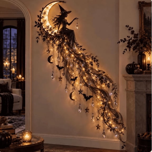 Halloween Cascade Wall Light, Gothic Hanging LED Wall Decor with Magical Moon Design for Entryway Living Room Mantel Stair Wall Halloween Decoration, Style: Witch's Moonlight