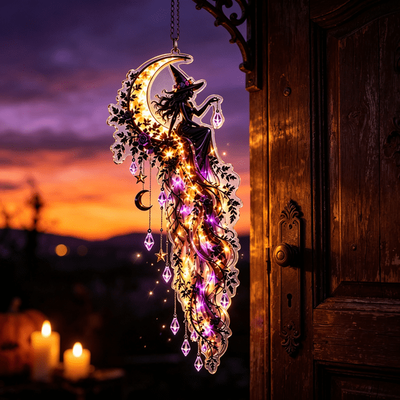 Halloween Cascade Wall Light, Witch Midnight Decor With Witch Silhouette Crescent Moon And Cascading Crystals, Gothic Wall Hanging For Halloween Home, Porch And Window Holiday Decoration