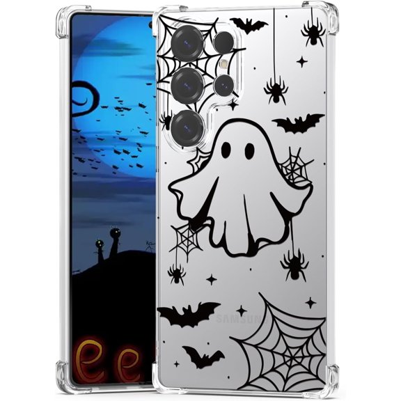 Halloween Case for Samsung Galaxy S25 Ultra Clear Ghost Fashion Designs, Phone Cover Girls Shockproof Bumper Protective Women Spider Web Phone Case for Samsung Galaxy S25 Ultra Kids Bat