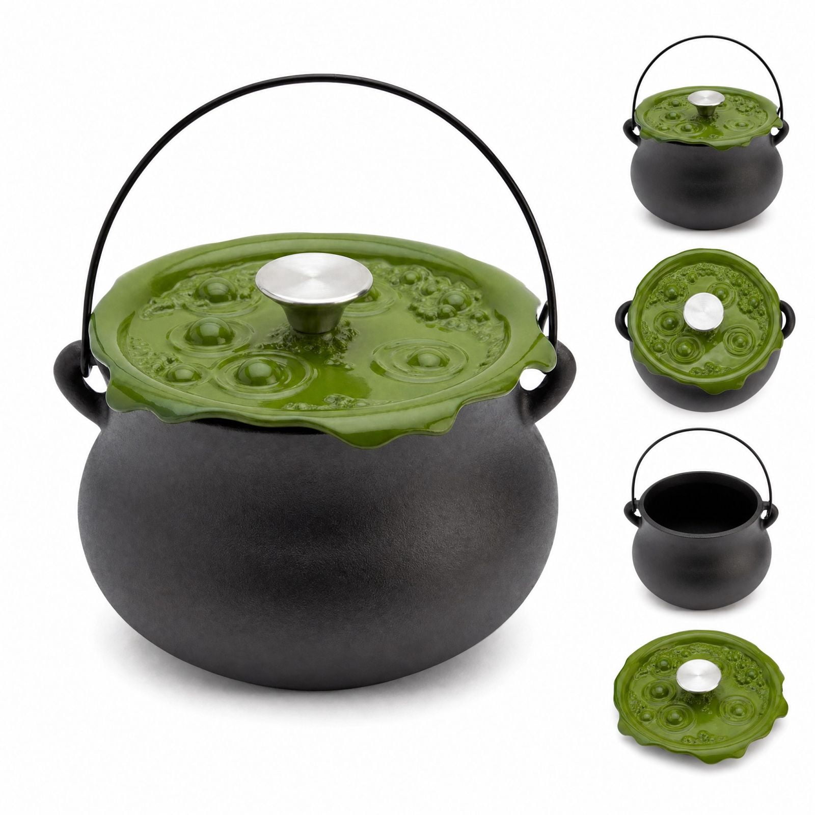 Halloween Cast Iron Cauldron Pot with Green Bubbling Lid, Spooky Witch Style Cooking Pot for Kitchen, Premium Cast Iron Inspired Cookware for Stews Soups Desserts and Holiday Entertaining