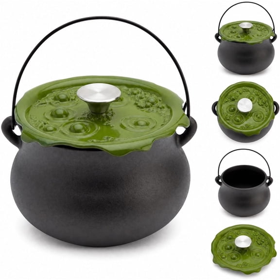 Halloween Cast Iron Cauldron Pot with Green Bubbling Lid, Witch Cooking Pot