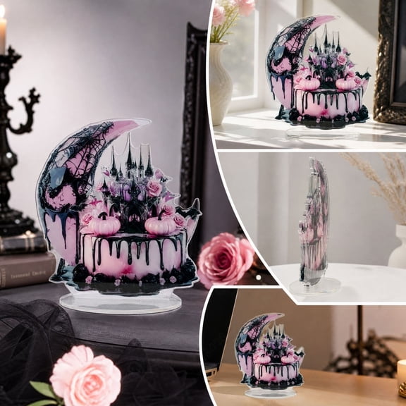 Halloween Castle Cake Desktop Decoration Acrylic Gothic Ornament With Floral Pumpkin Design 1 Count