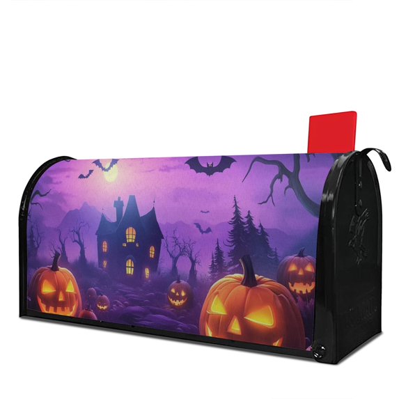 Halloween Castle Evil Pumpkin Purple Spooky Mailbox Covers,Magnetic 18x21 Inch Mailbox Wrap Waterproof Durable Halloween MailBoxcovers for Yard Farmhouse Decorative