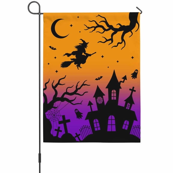 Halloween Castle Garden Flag 12 x 18 Inches, Witch Ghost Horror Tree Gradient Orange Purple Weather Proof Outdoor Patio Flags Double Sided Small Garden Decoration for Yard Outside Home