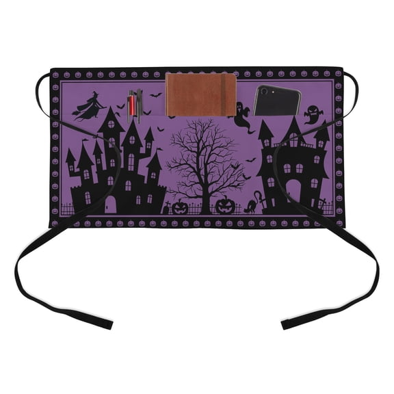 Halloween Castle Kitchen Restaurant Half Waist Apron, Black Witch Pumpkin Retro Purple Bottom Server Short Apron with 3 Pockets Waterproof Oil Waist Aprons for Women Waitress Waiter