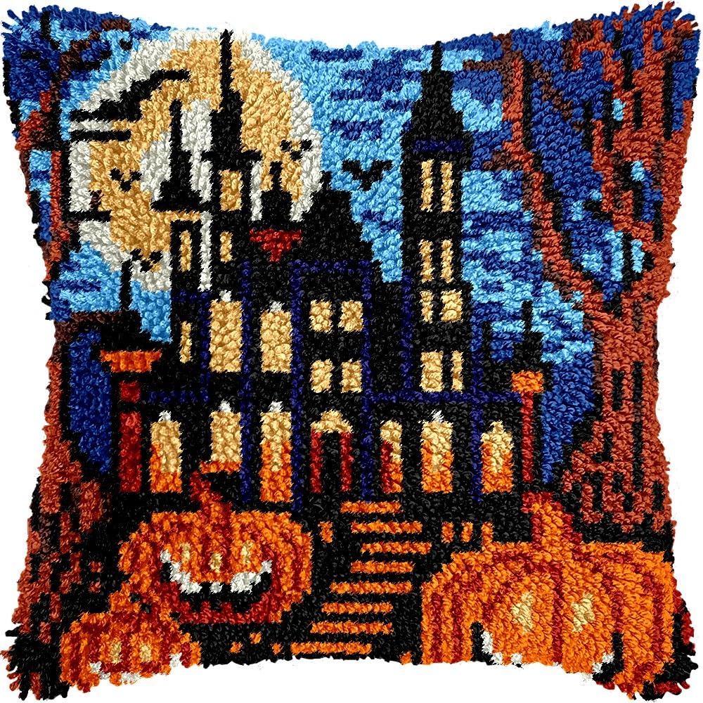 Halloween Castle Latch Hook Pillow Kits for DIY Handmade Throw Pillow Cushion Embroidery Latch Hooking Pillowcase Kits with Preprinted Canvas Crochet Yarn Kits 17''X 17''(g171)