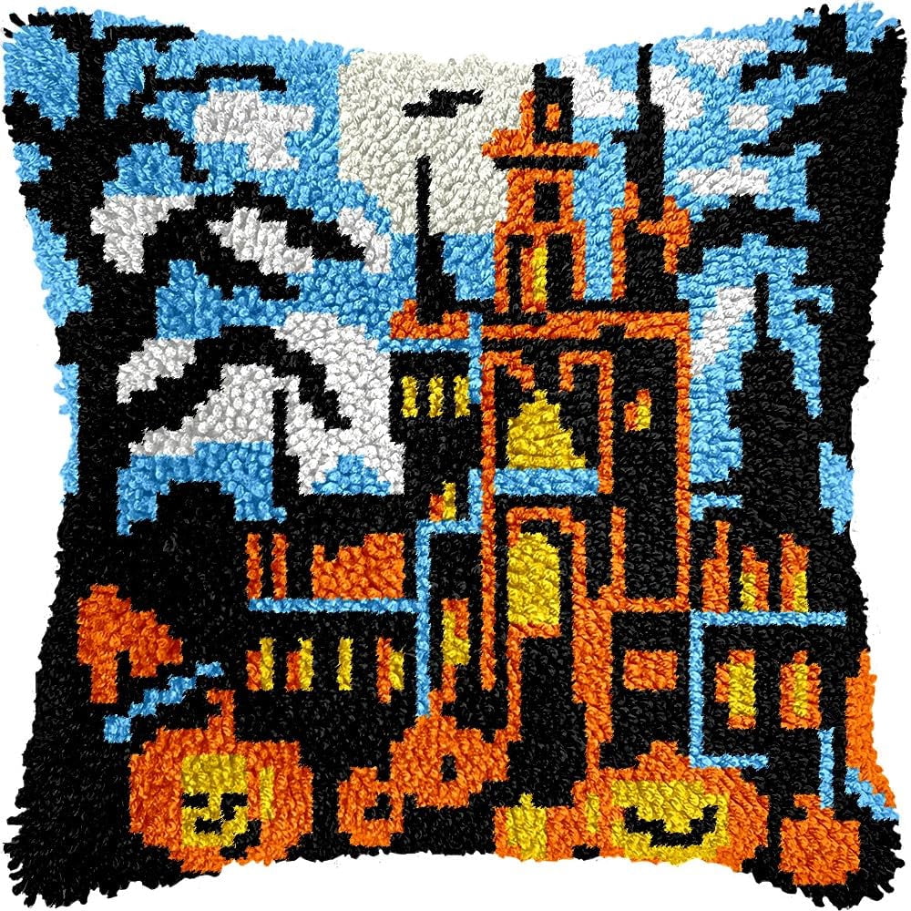 Halloween Castle Latch Hook Pillow Kits for DIY Throw Pillow Cushion Embroidery Latch Hooking Pillowcase Kits with Preprinted Canvas Crochet Yarn Kits for Home Decor 17''X 17''(C40)