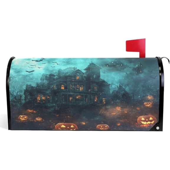 Halloween Castle Magnetic Mailbox Covers Spooky Bat Witch Pumpkin Mailbox Cover Standard Size Full Magnet Garden Yard Porch Mail Boxes Cover Holiday Decorations 21" L x 18" W